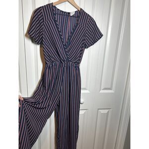 Sienna Sky Striped Jumpsuit Size Small Navy Blue Red Vertical Stripes V-Neck